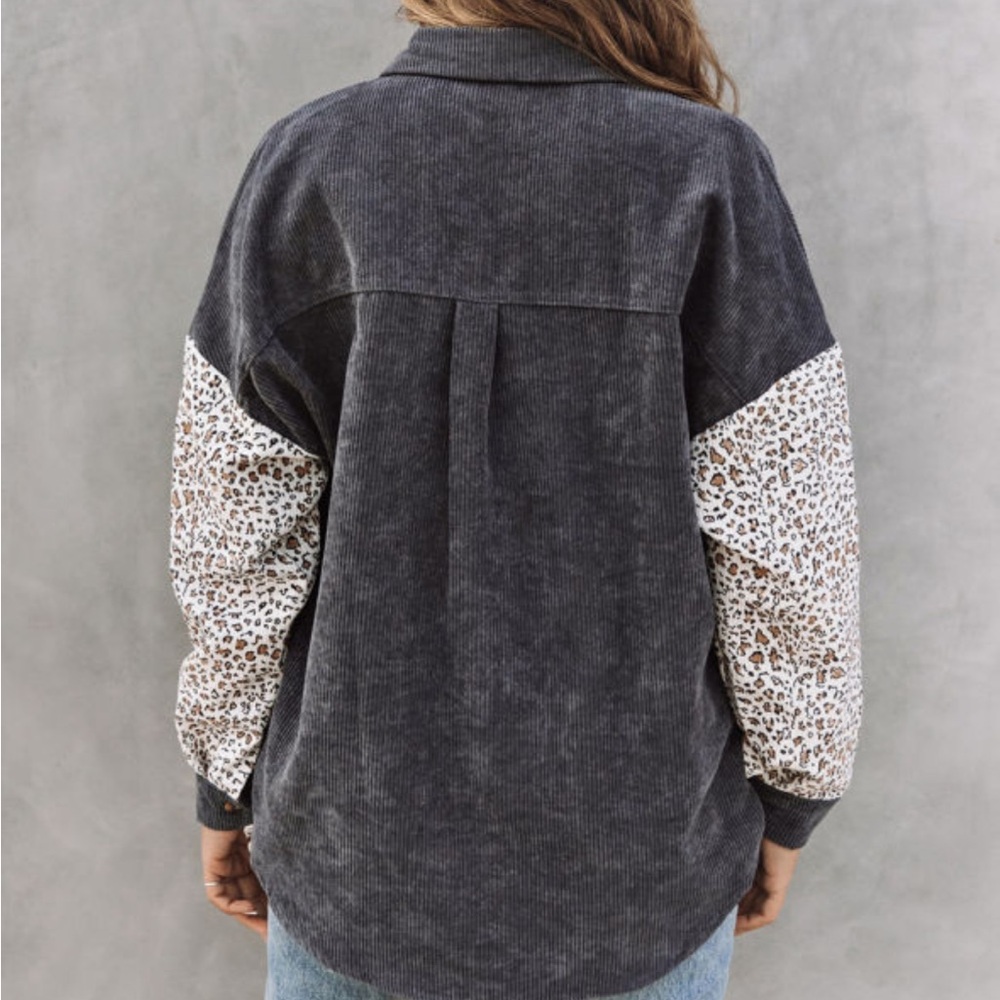 Leopard Accent Corduroy Button-Down Shirt in Charcoal - Picture 3 of 4